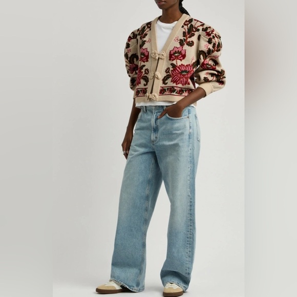 NWT Farm Rio Ravenala Floral-intarsia Knitted Cardigan Cream Size L